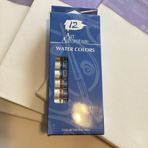 12 Art Advantage Watercolor Paints + Stapled Traditional White Blank Canvas - Picture 2 of 7